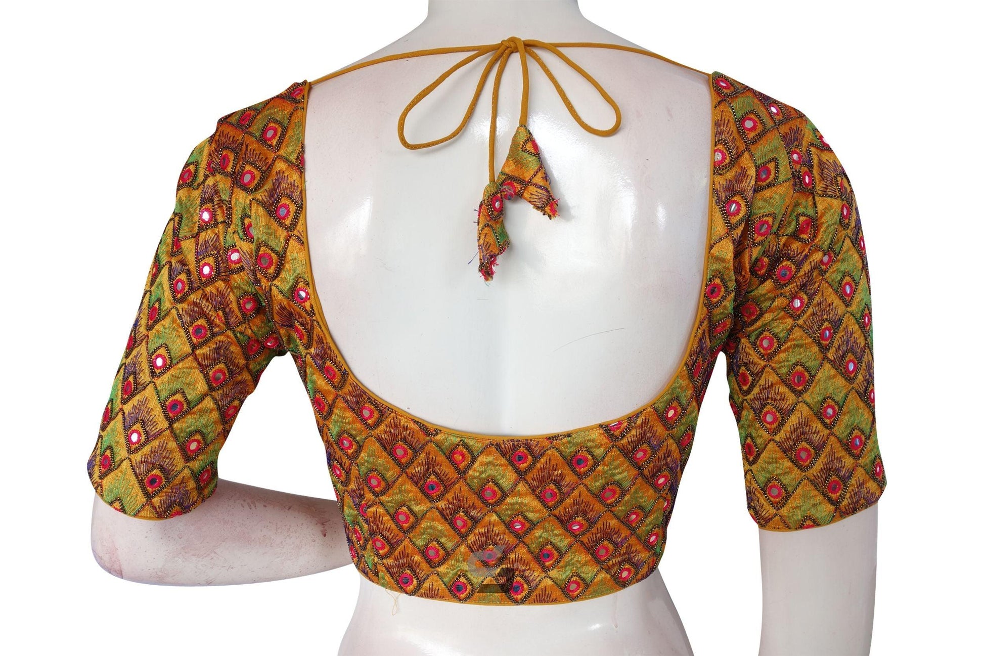 Mustard Color Peacock Embroidery Foil Mirror Readymade Saree Blouse With Matching Mask - D3blouses
