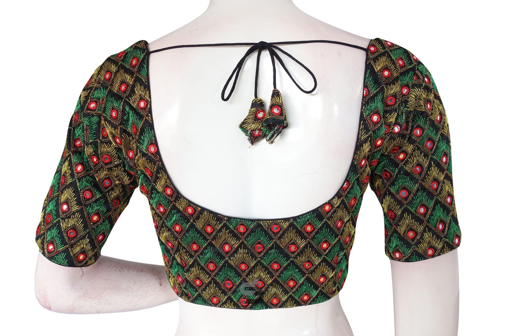 Black Color Peacock Embroidery Foil Mirror Readymade Saree Blouse With Matching Mask - D3blouses
