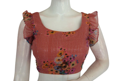 Terracotta Color Georgette Sequin Designer Frill Sleeves Readymade Blouse - D3blouses