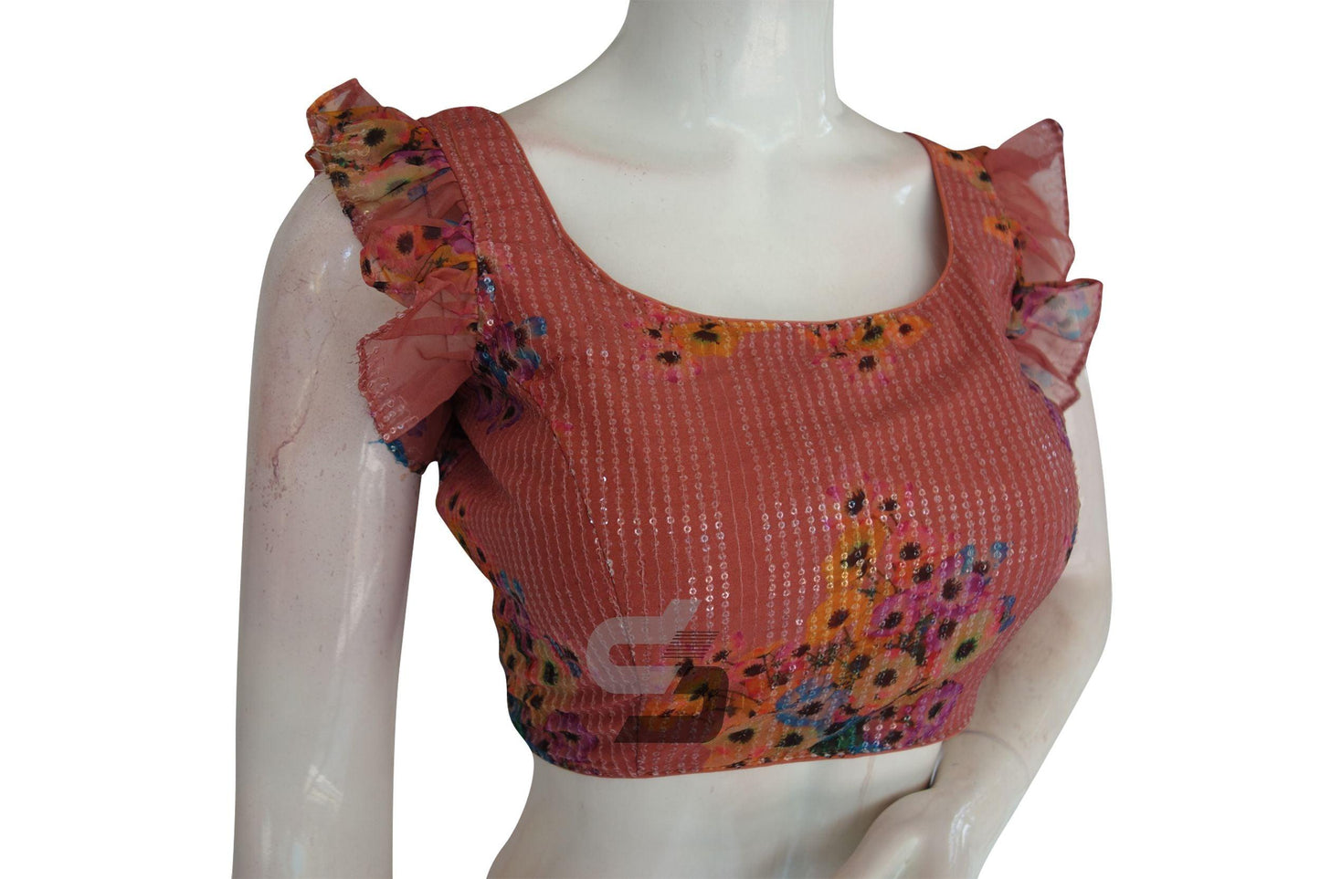 Terracotta Color Georgette Sequin Designer Frill Sleeves Readymade Blouse - D3blouses