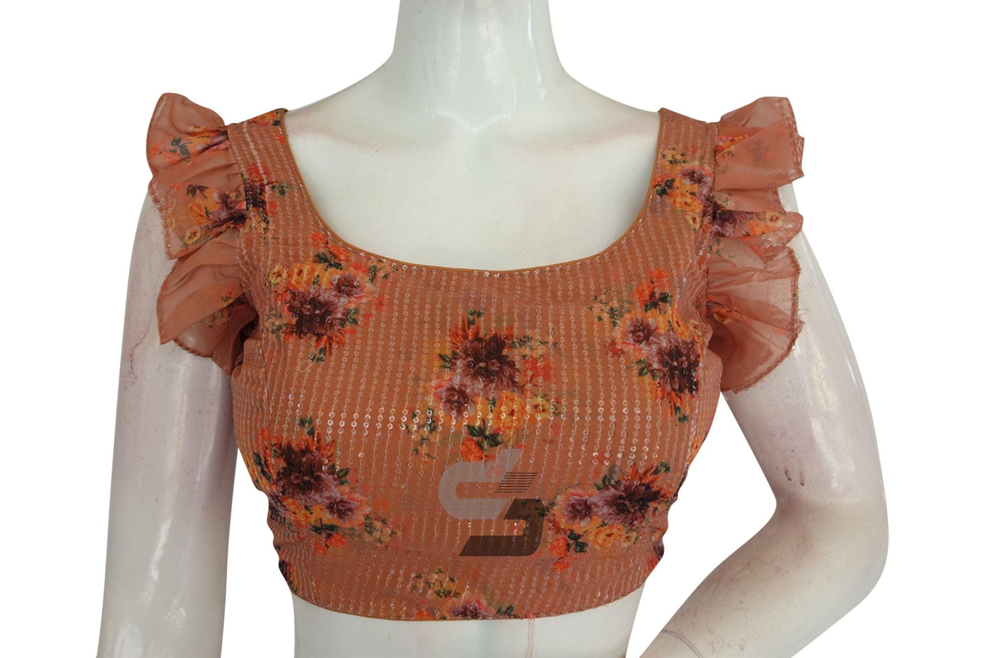 Terracotta Color Georgette Sequin Designer Frill Sleeves Readymade Blouse - D3blouses