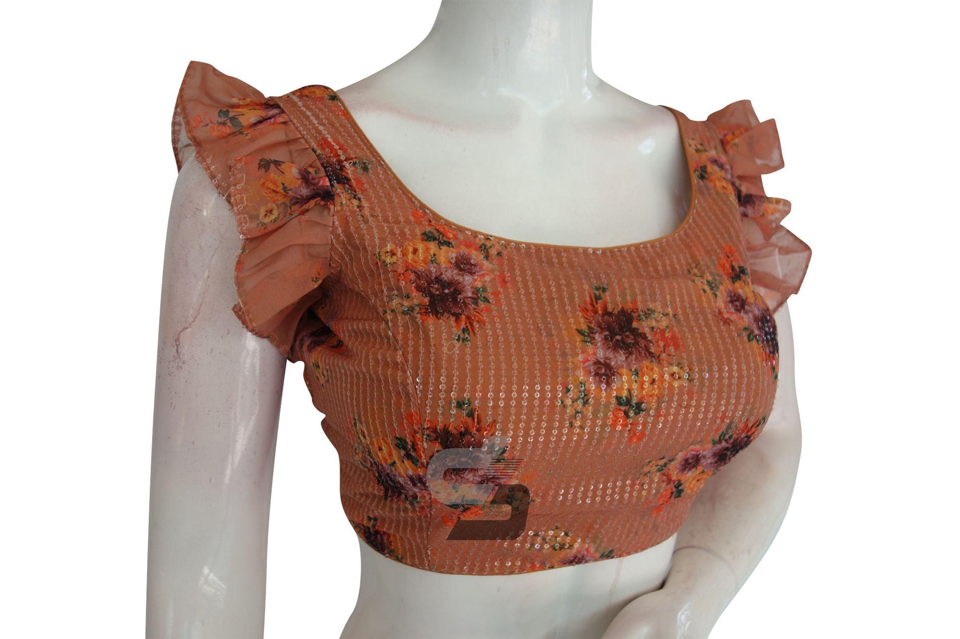 Terracotta Color Georgette Sequin Designer Frill Sleeves Readymade Blouse - D3blouses