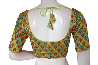 Yellow Color Peacock Embroidery Foil Mirror Readymade Saree Blouse With Matching Mask - D3blouses