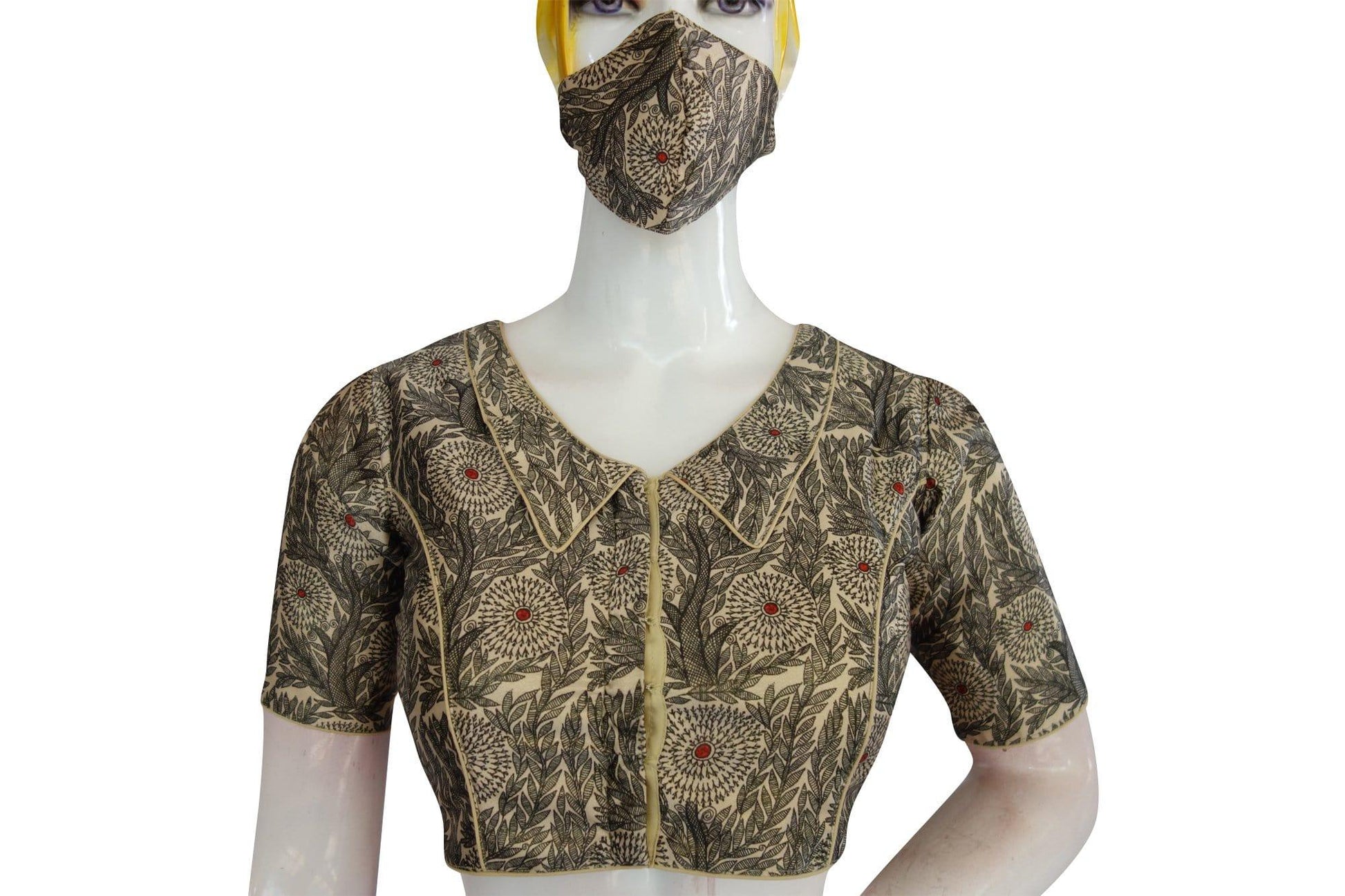 satin silk peter pan collar readymade blouse with matching mask 2