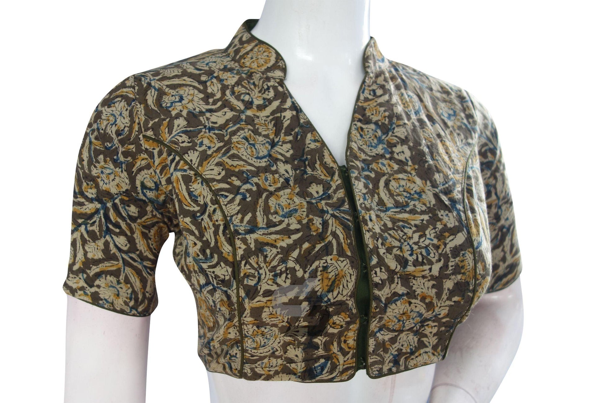 Dark Olive Green Color Kalamkari Collar Designer Readymade Blouse - D3blouses