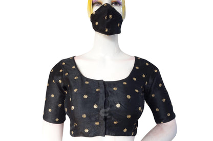 Black Color Semi Silk Sequin Embroidery Readymade Saree Blouse With Matching Mask - D3blouses