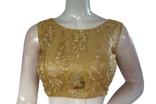 Gold Color Netted Designer Embroidery Readymade Blouse - D3blouses