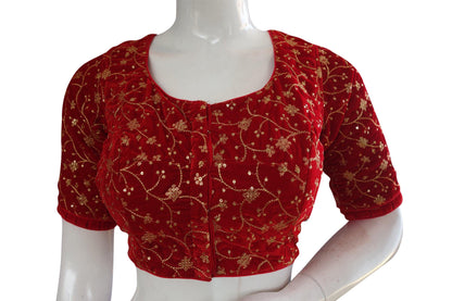 Red Color Designer Velvet Sequins Embroidery Readymade Saree blouse - D3blouses