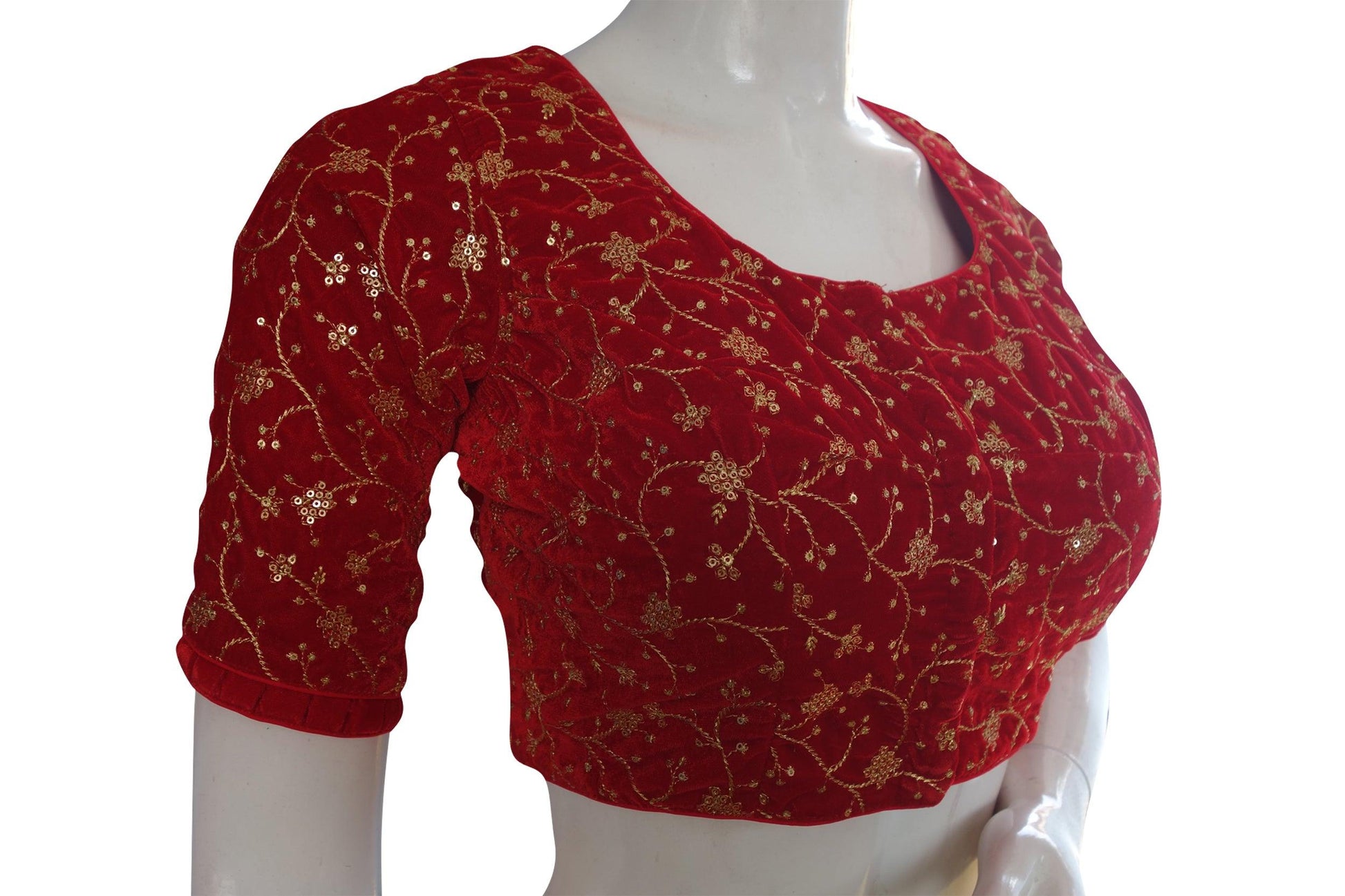 Red Color Designer Velvet Sequins Embroidery Readymade Saree blouse - D3blouses