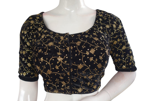 Black Color Designer Velvet Sequins Embroidery Readymade Saree blouse - D3blouses