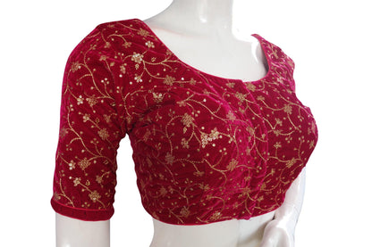 Pink Color Designer Velvet Sequins Embroidery Readymade Saree blouse - D3blouses