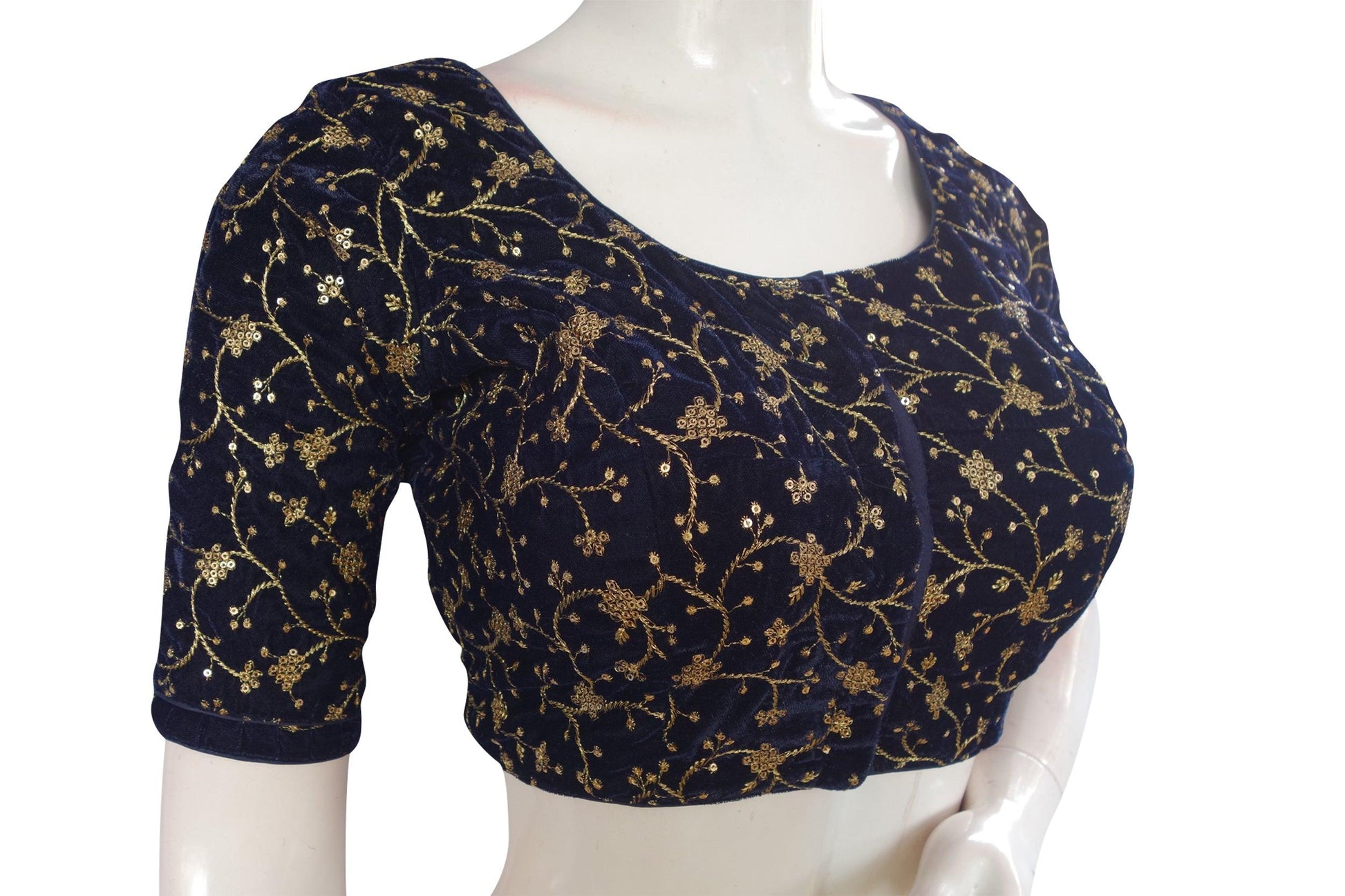 Navy blue Color Designer Velvet Sequins Embroidery Readymade Saree blouse - D3blouses