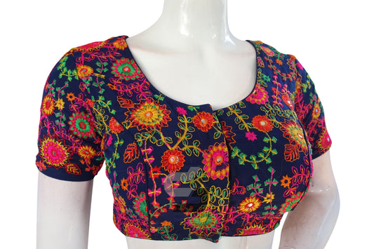 Navy Blue Color Multi Thread Embroidery Readymade Blouse