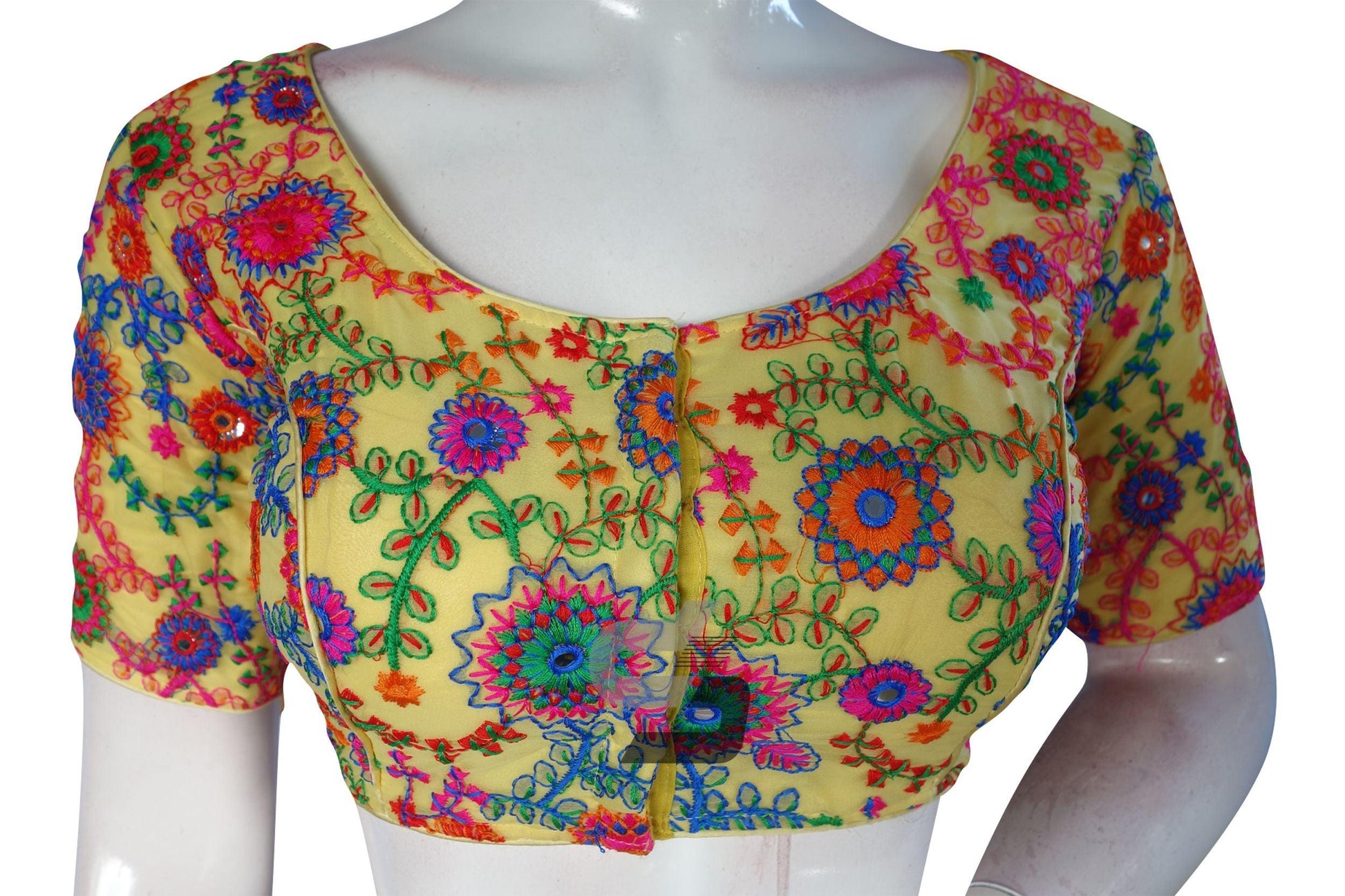 Pastel Yellow Color Multi Thread Embroidery Readymade Blouse - D3blouses