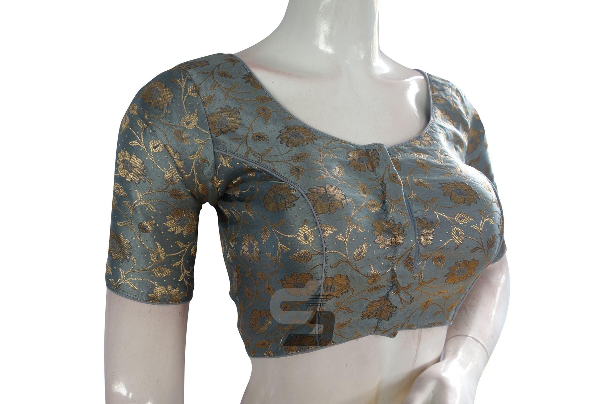 Grey Color Premium Banaras Brocade Silk Readymade Saree Blouse - D3blouses