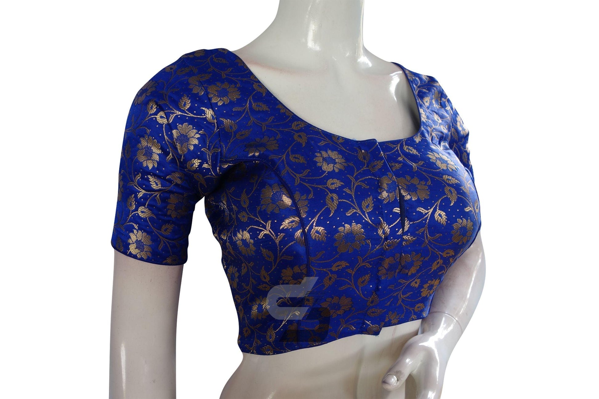 Blue Color Premium Banaras Brocade Silk Readymade Saree Blouse - D3blouses