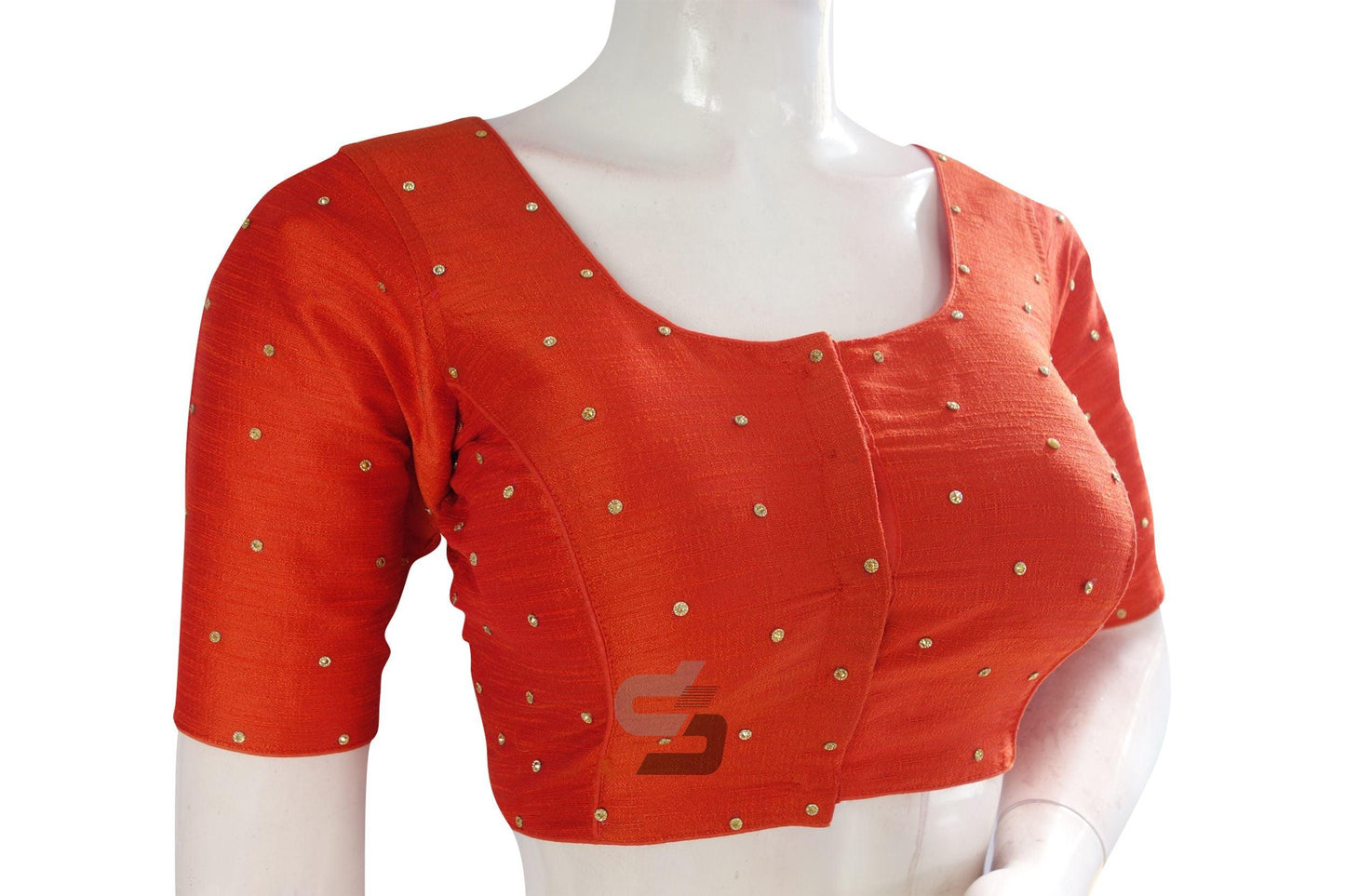 Orange Color Plain Moti Stone Work Indian Saree Readymade Blouse - D3blouses