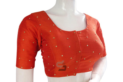 Orange Color Plain Moti Stone Work Indian Saree Readymade Blouse - D3blouses