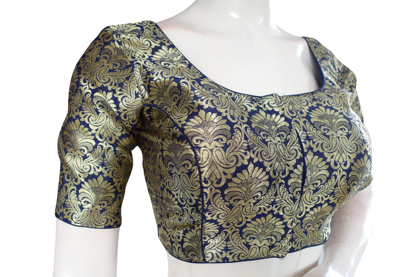 Navy Blue Color Brocade Silk Readymade Saree Blouse, Indian Readymade Blouse - D3blouses