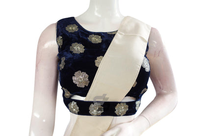 Navy Blue Color Velvet Sequin Designer Blouse With Saree Belt - D3blouses