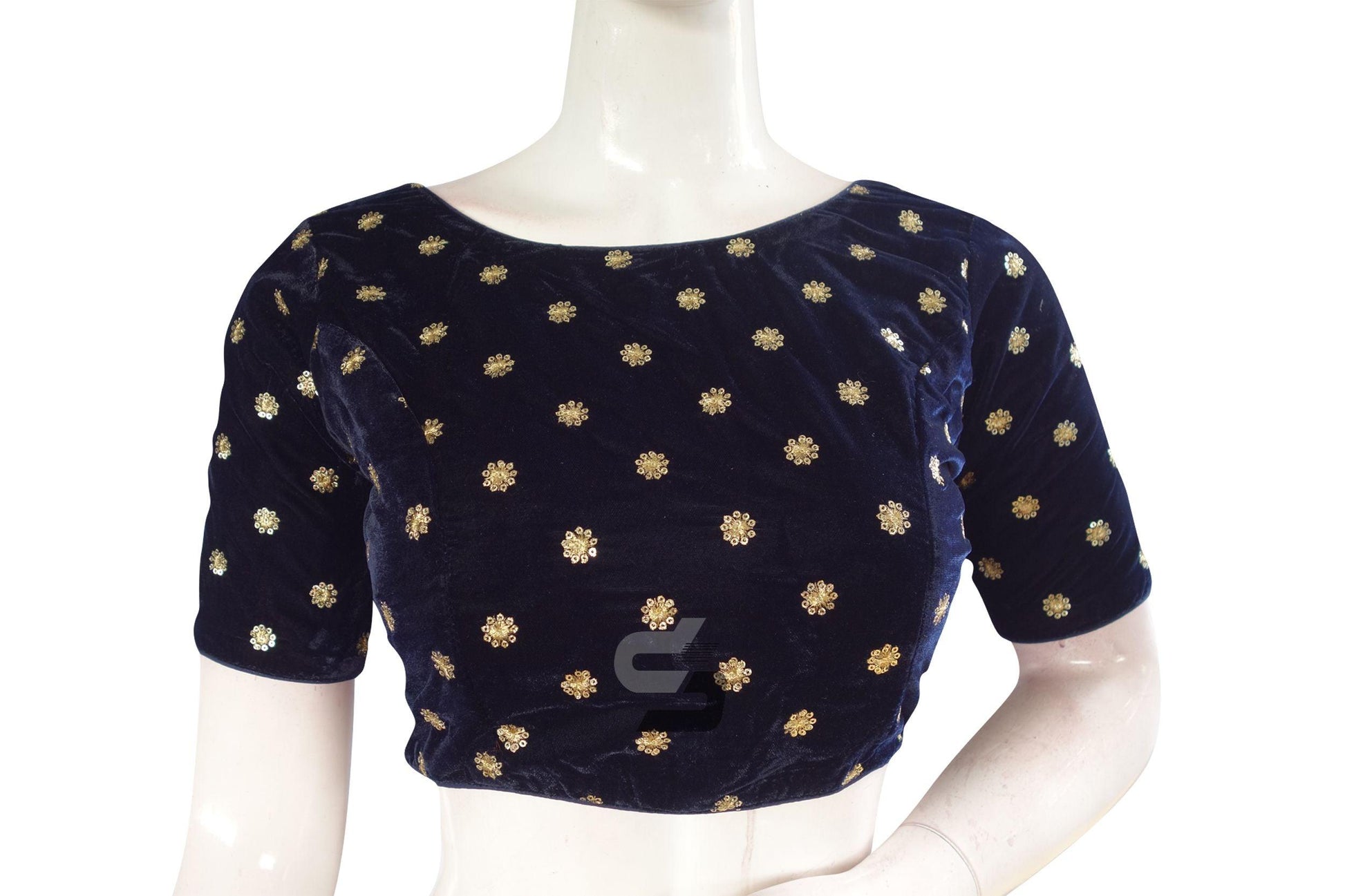 Navy Blue Color Designer Velvet Sequin Readymade Saree Blouse - D3blouses