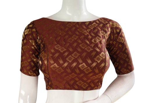 Brown Color Brocade Silk Designer Boat Neck Ready-made saree blouse with Potli Button, Indian Silk saree Ready-made blouse - D3blouses