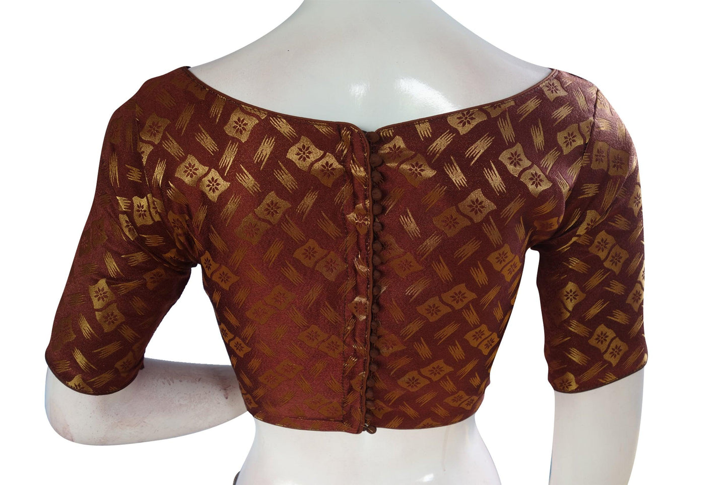 Brown Color Brocade Silk Designer Boat Neck Ready-made saree blouse with Potli Button, Indian Silk saree Ready-made blouse - D3blouses