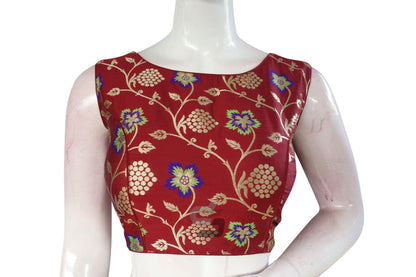 Maroon Color Banaras Brocade Boat Neck Designer Readymade Blouse - D3blouses