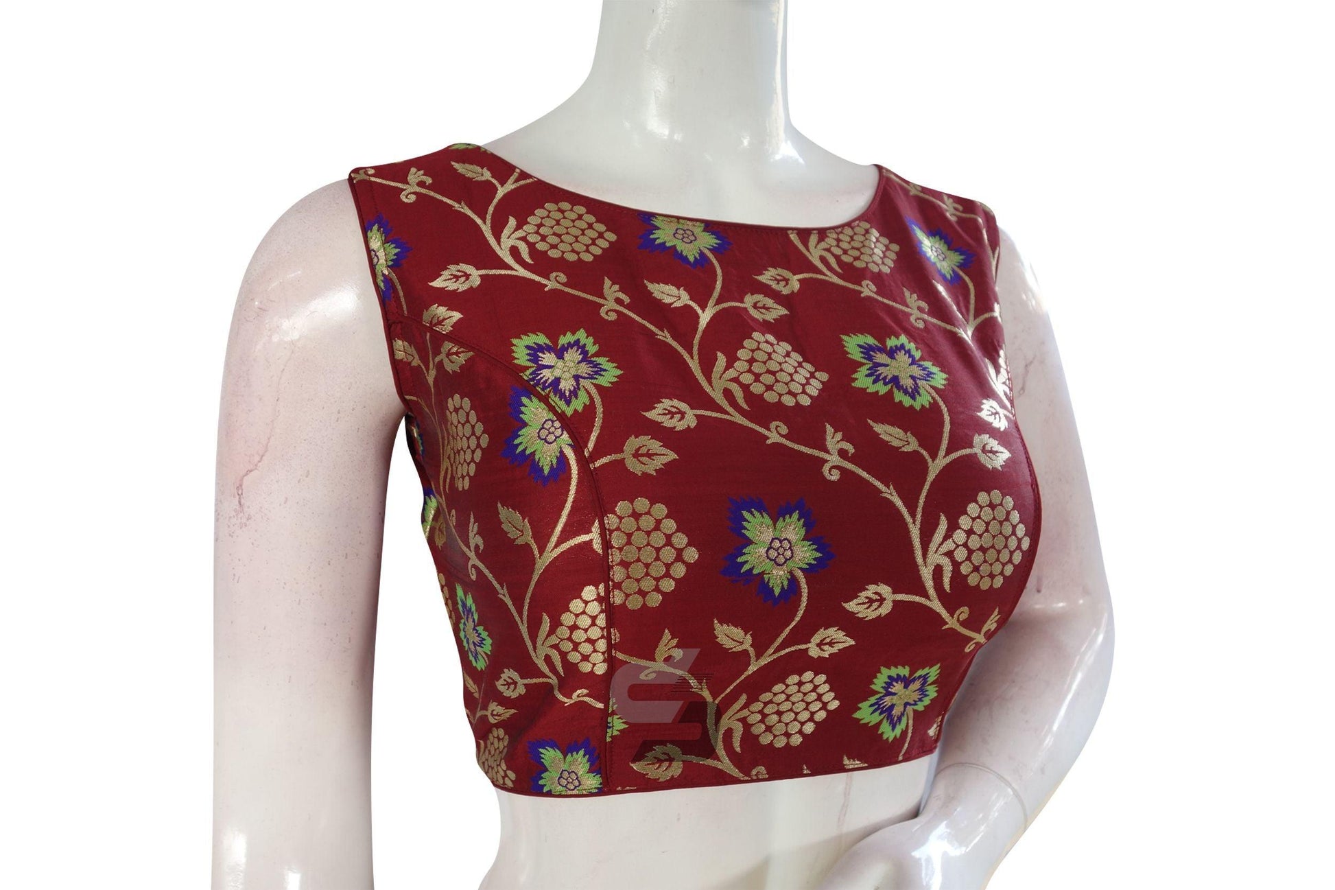 Maroon Color Banaras Brocade Boat Neck Designer Readymade Blouse - D3blouses