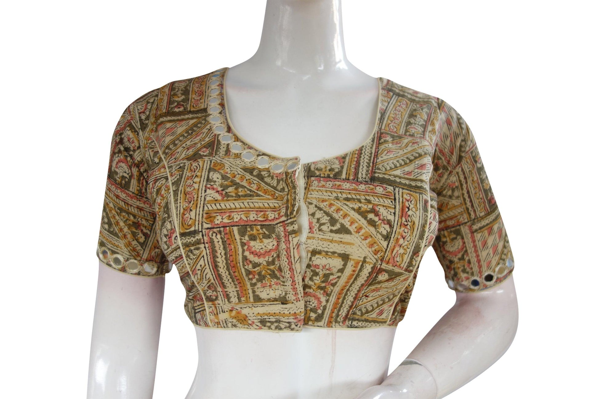 Beige Color Kalamkari Designer Mirror Neck and Sleeves Handwork Readymade Saree Blouse - D3blouses