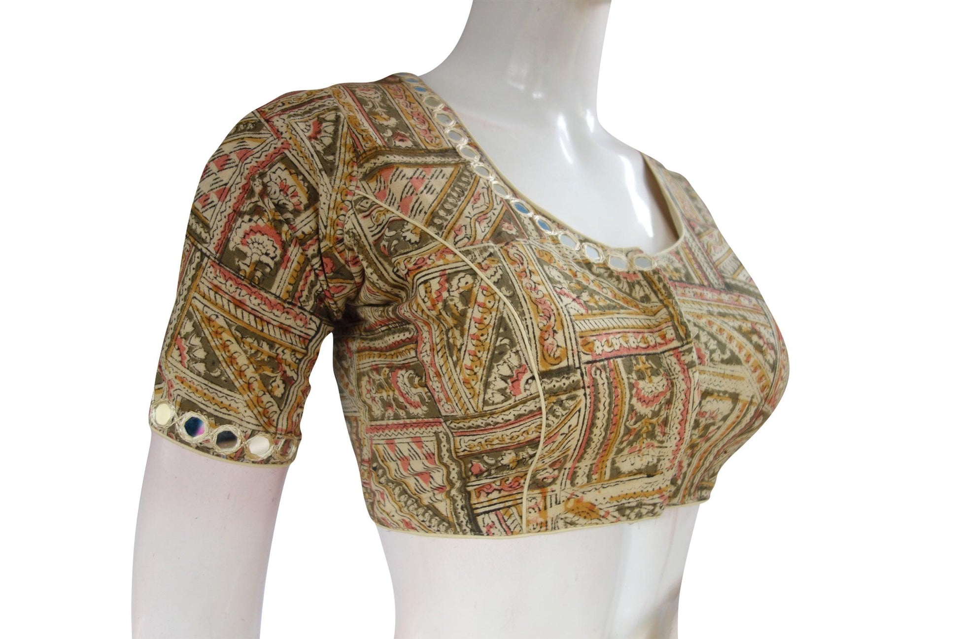 Beige Color Kalamkari Designer Mirror Neck and Sleeves Handwork Readymade Saree Blouse - D3blouses