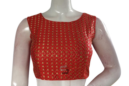 Red Color Semi Silk Embroidery Boat Neck Readymade Blouse - D3blouses
