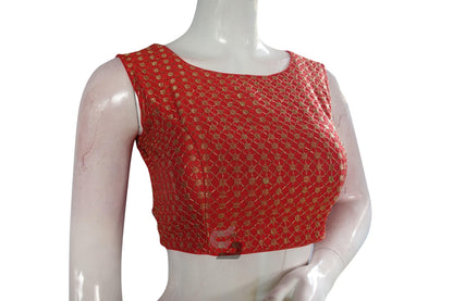 Red Color Semi Silk Embroidery Boat Neck Readymade Blouse - D3blouses