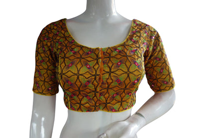 Mustard Yellow Color Peacock Embroidery Foil Mirror Readymade Saree Blouse - D3blouses