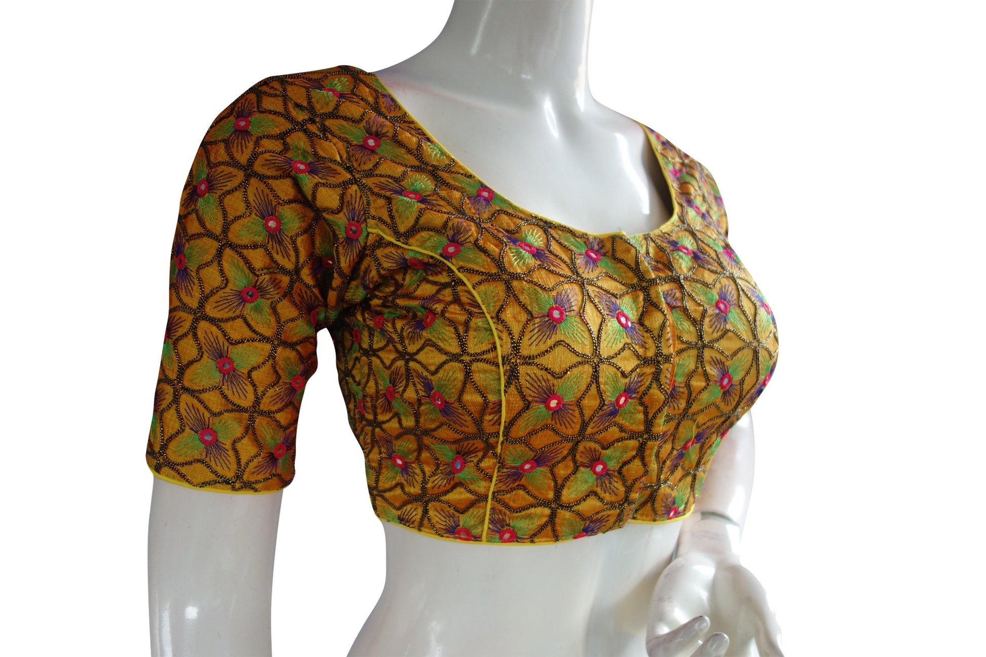 Mustard Yellow Color Peacock Embroidery Foil Mirror Readymade Saree Blouse - D3blouses