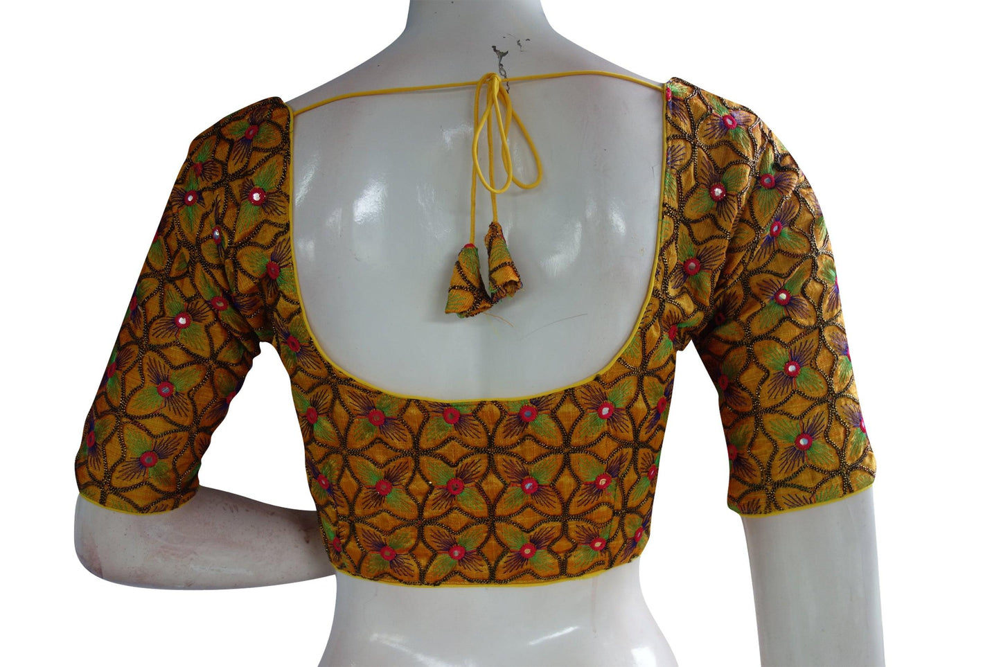 Mustard Yellow Color Peacock Embroidery Foil Mirror Readymade Saree Blouse - D3blouses