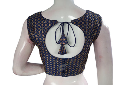 Navy Blue Color Semi Silk Embroidery Boat Neck Readymade Blouse - D3blouses