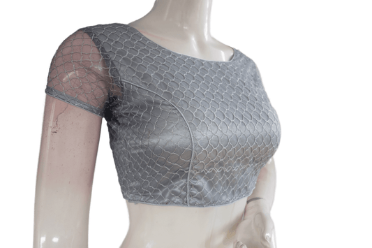 Grey Color Boat Neck Designer Embroidery Netted Readymade Saree Blouse - D3blouses