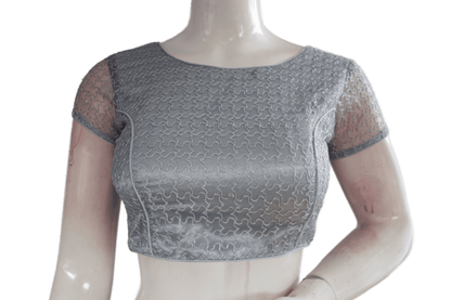 Grey Color Boat Neck Designer Embroidery Netted Readymade Saree Blouse - D3blouses