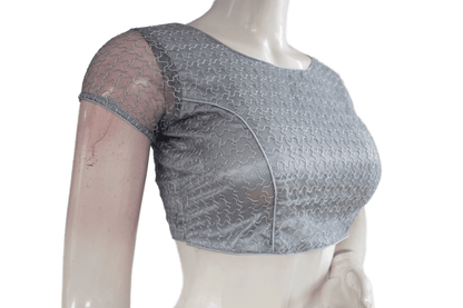 Grey Color Boat Neck Designer Embroidery Netted Readymade Saree Blouse - D3blouses