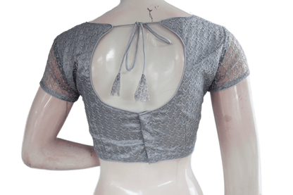 Grey Color Boat Neck Designer Embroidery Netted Readymade Saree Blouse - D3blouses