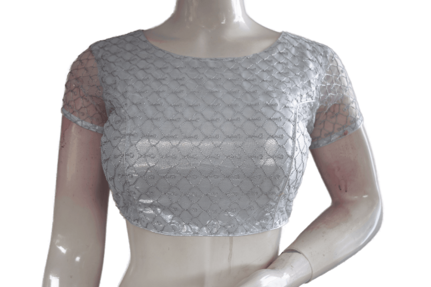 Silver Color Boat Neck Designer Embroidery Netted Readymade Saree Blouse - D3blouses