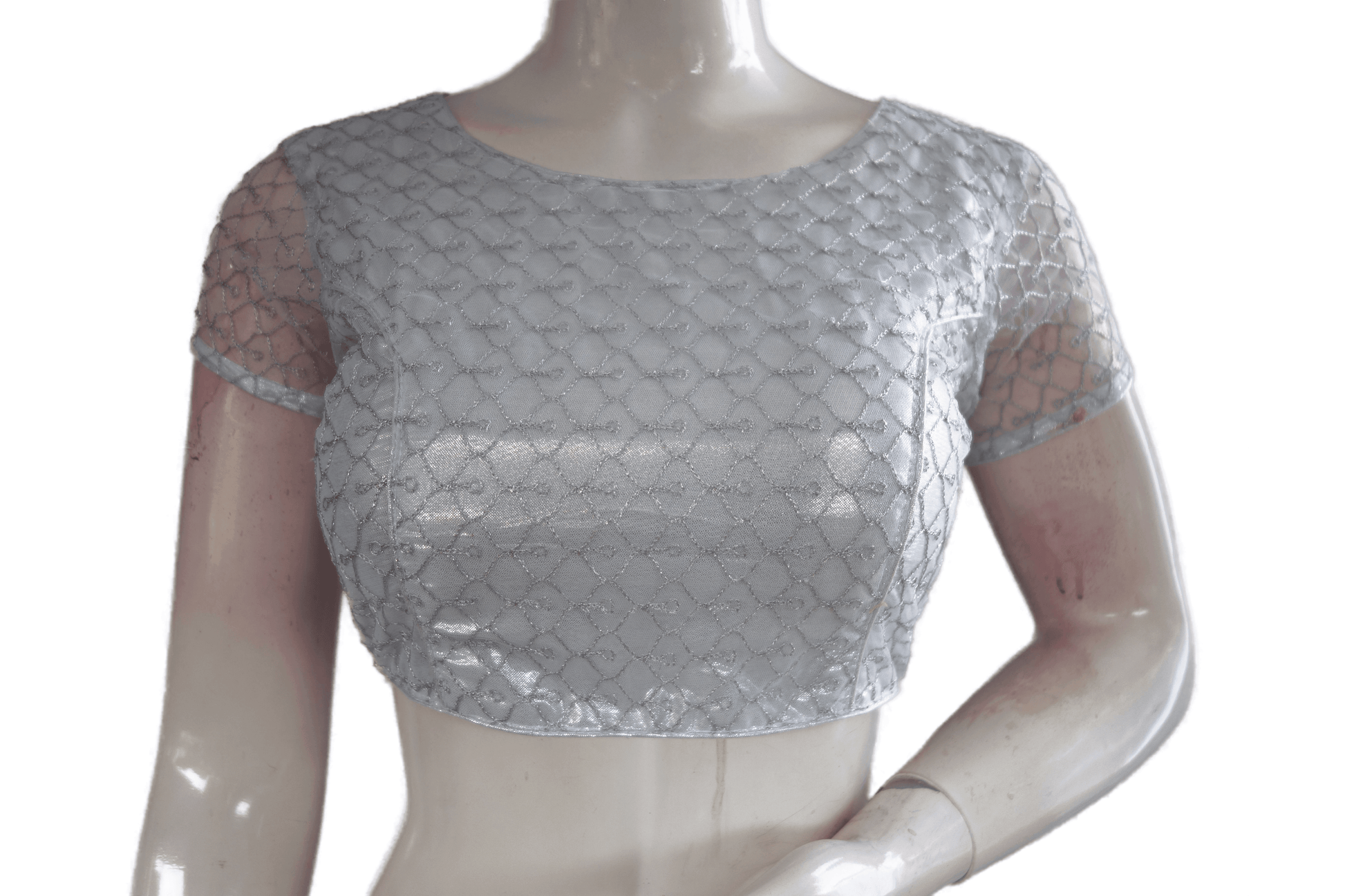 Silver Color Boat Neck Designer Embroidery Netted Readymade Saree Blouse - D3blouses
