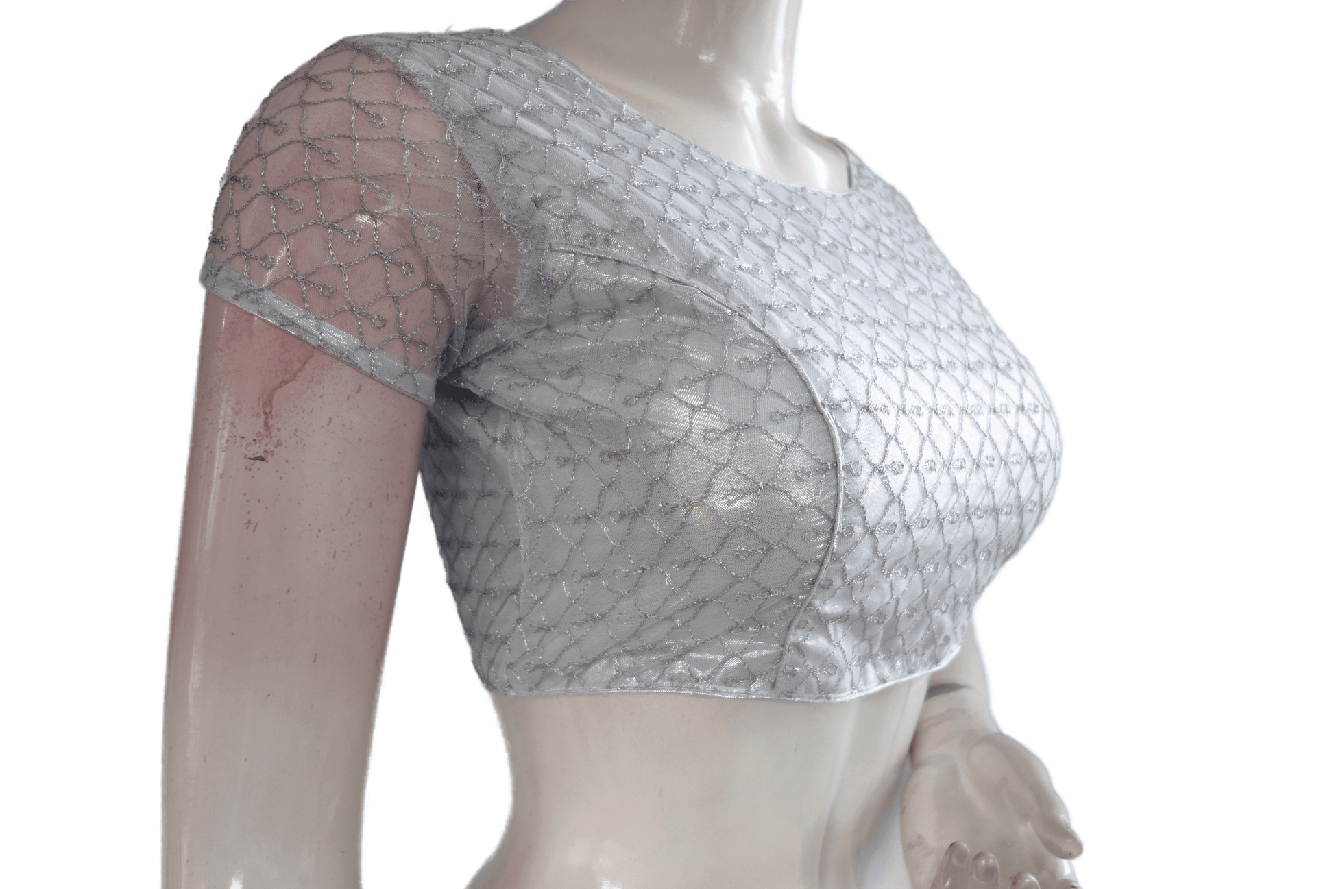 Silver Color Boat Neck Designer Embroidery Netted Readymade Saree Blouse - D3blouses