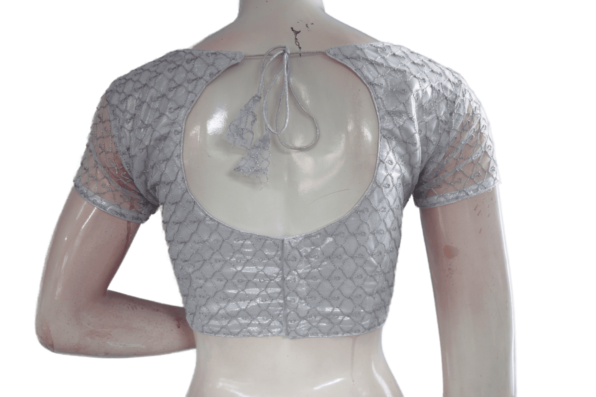 Silver Color Boat Neck Designer Embroidery Netted Readymade Saree Blouse - D3blouses
