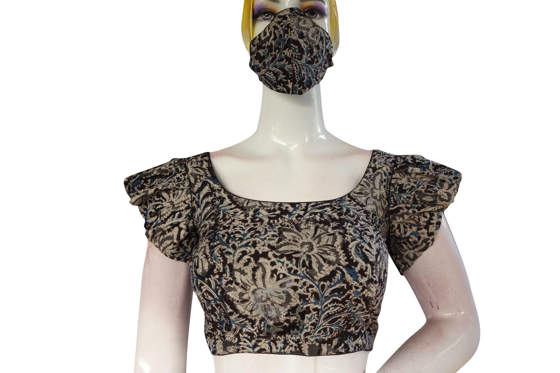 Black Color Kalamkari Cotton Designer Blouse with Ruffle Sleeves - D3blouses