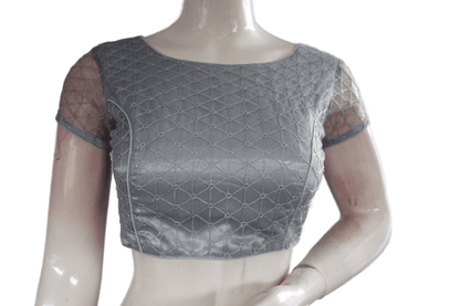 Grey Color Boat Neck Designer Embroidery Netted Readymade Saree Blouse - D3blouses