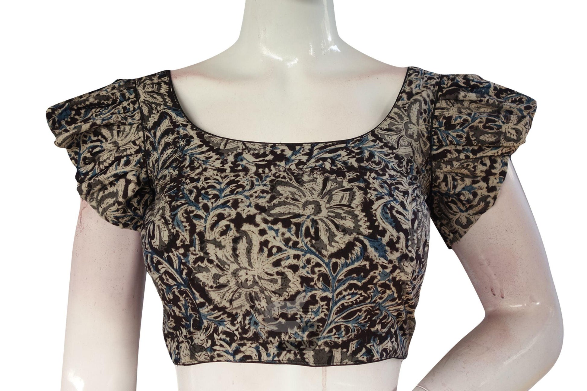 Black Color Kalamkari Cotton Designer Blouse with Ruffle Sleeves - D3blouses