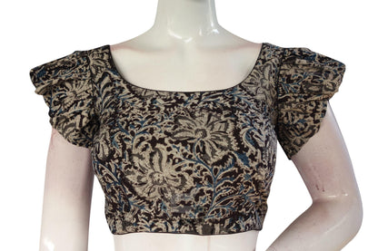 Black Color Kalamkari Cotton Designer Blouse with Ruffle Sleeves - D3blouses