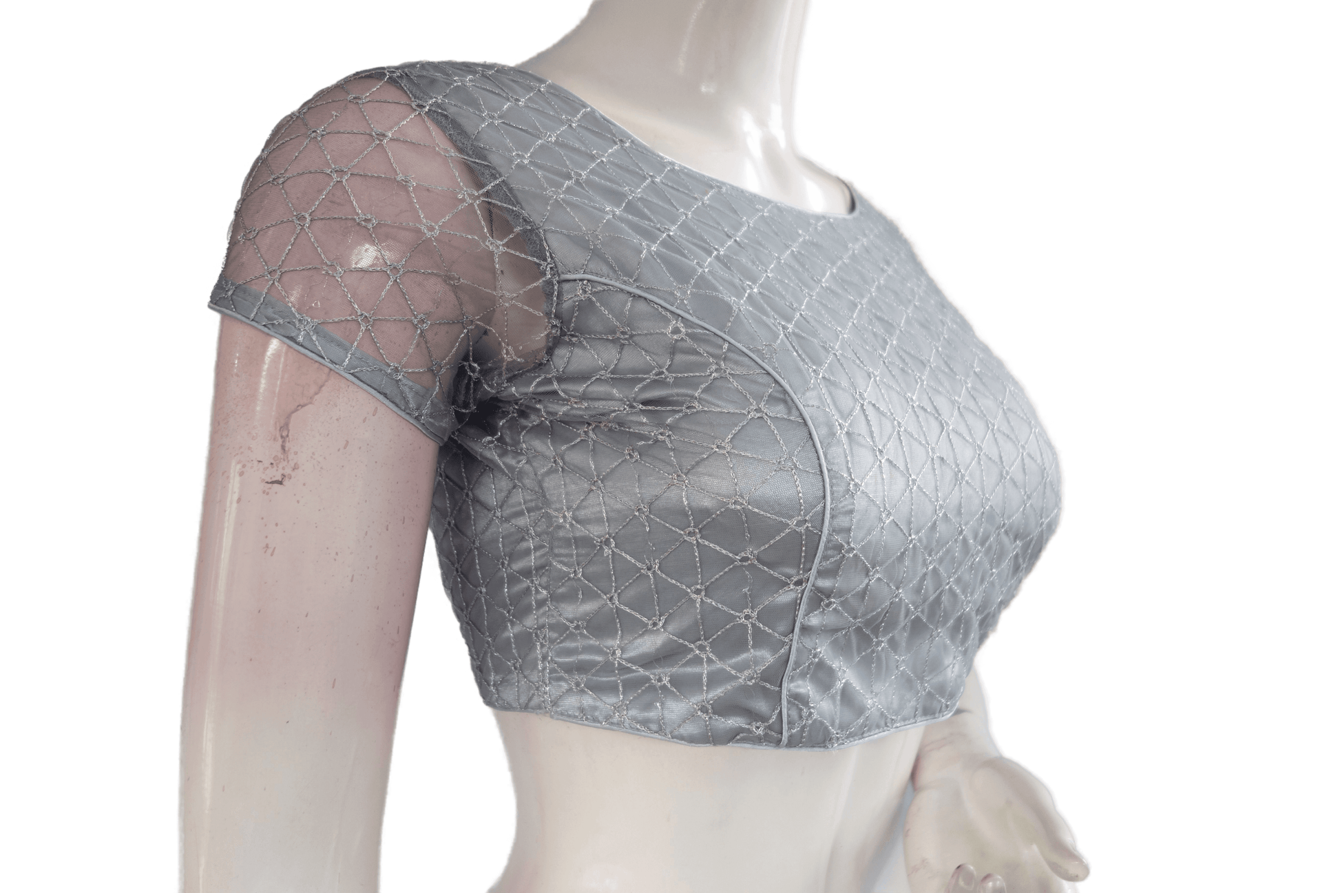 Grey Color Boat Neck Designer Embroidery Netted Readymade Saree Blouse - D3blouses